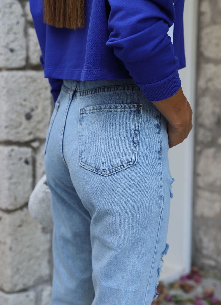 Açık Mavi Yırtık Detay Yüksek Bel Pantolon   resmi
