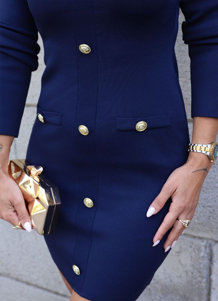 Lacivert Gold Düğme Detay Triko Elbise   resmi