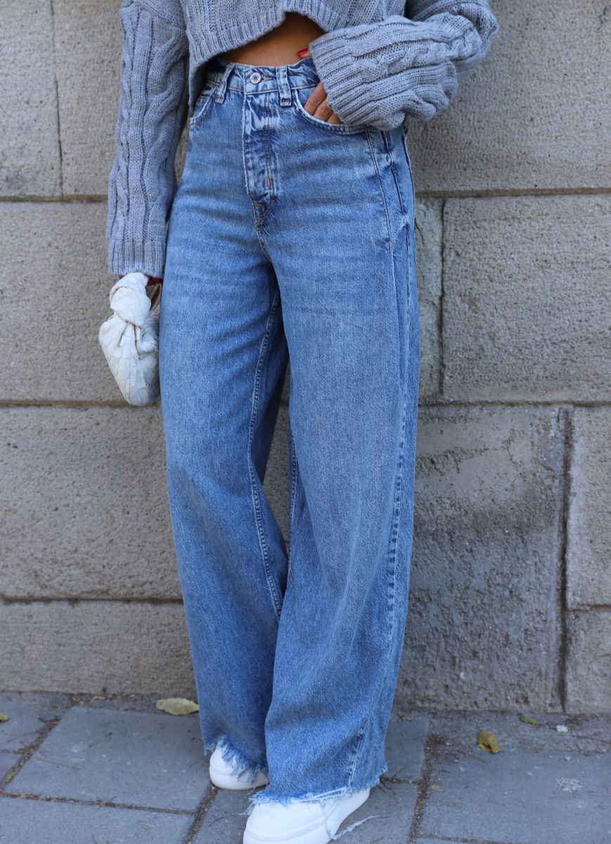 Mavi Bol Paça Püskül Detay Jean Pantolon   resmi