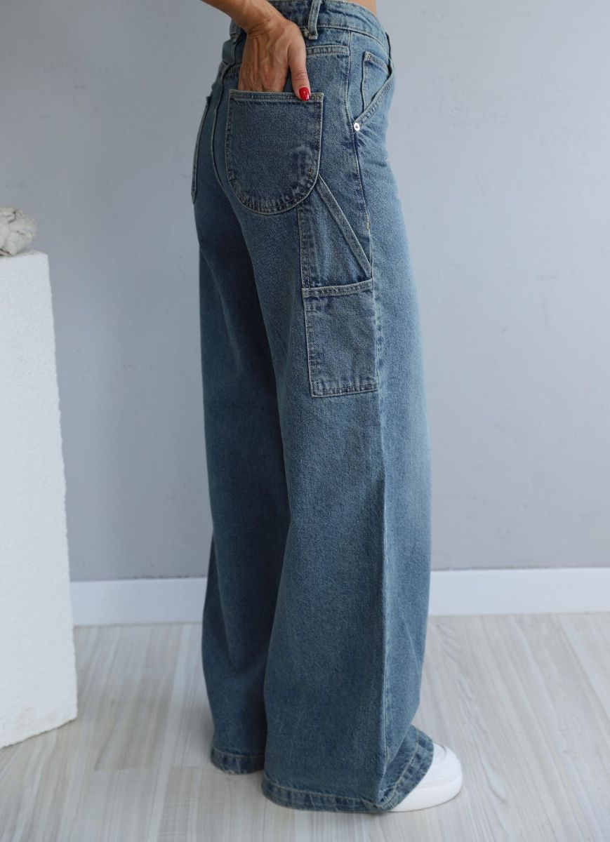 Mavi Bol Paça Yan Cep Detay Jean Pantolon   resmi