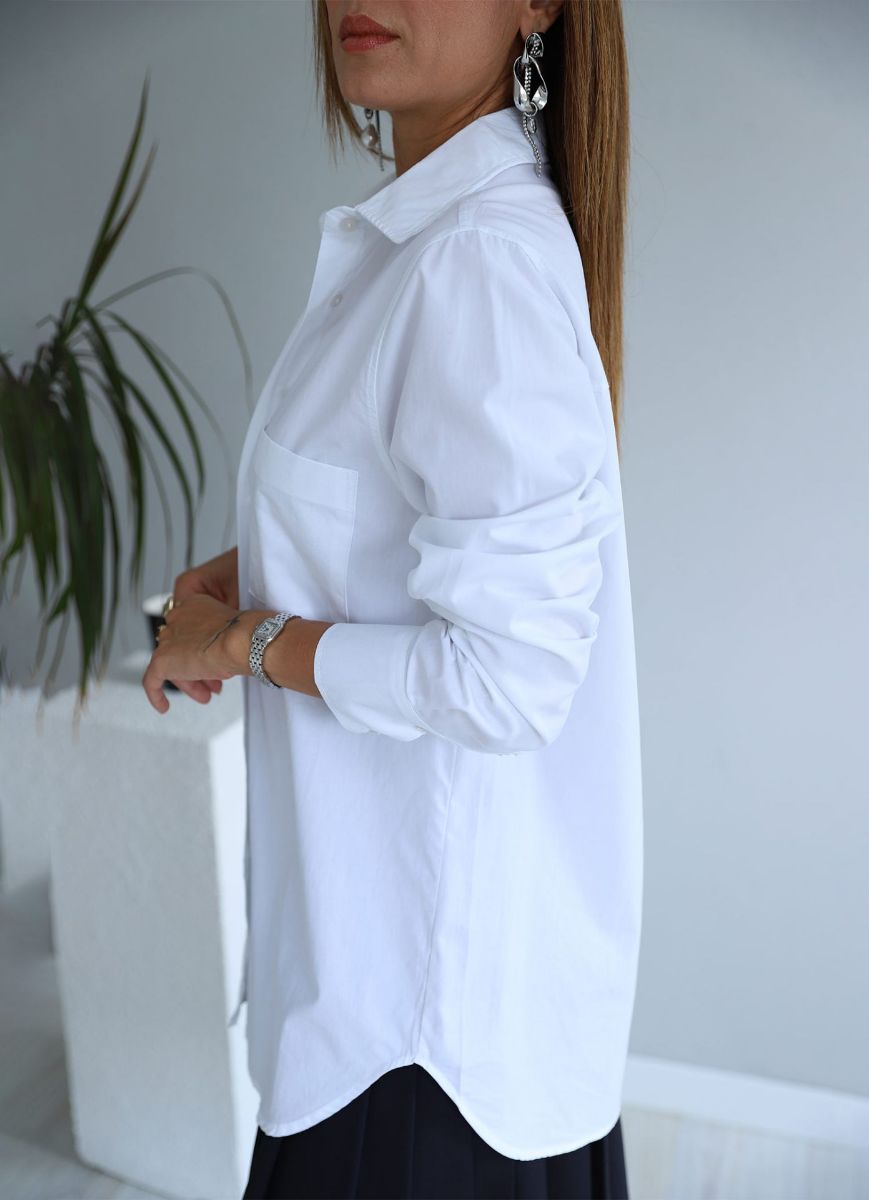 Beyaz Tek Cep Eteği Oval Kesim Tunik Gömlek   resmi