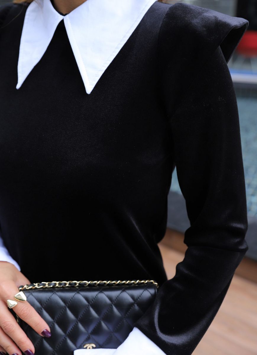 Siyah Omuz Detay Gömlek Yaka Kadife Elbise   resmi