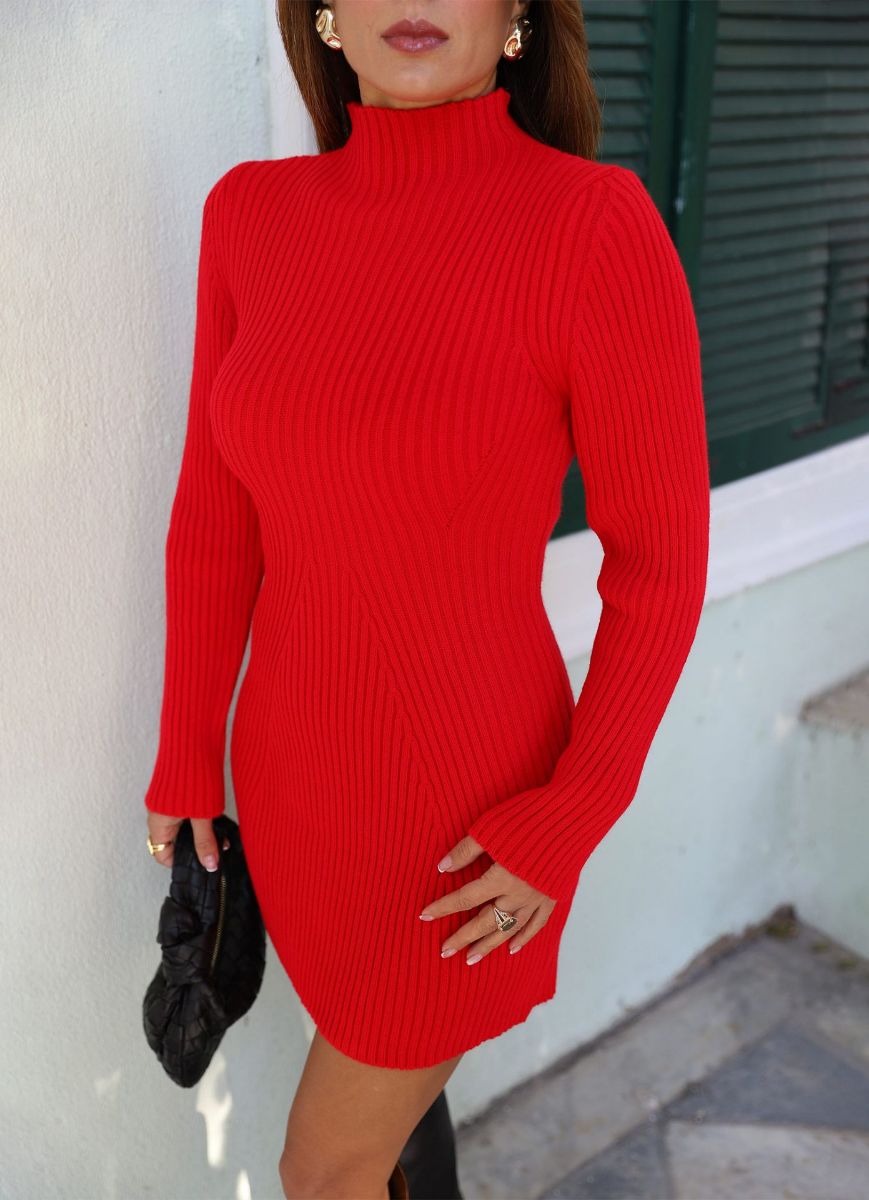 Kırmızı Yarım Balıkçı Yaka Fitili Triko Elbise   resmi