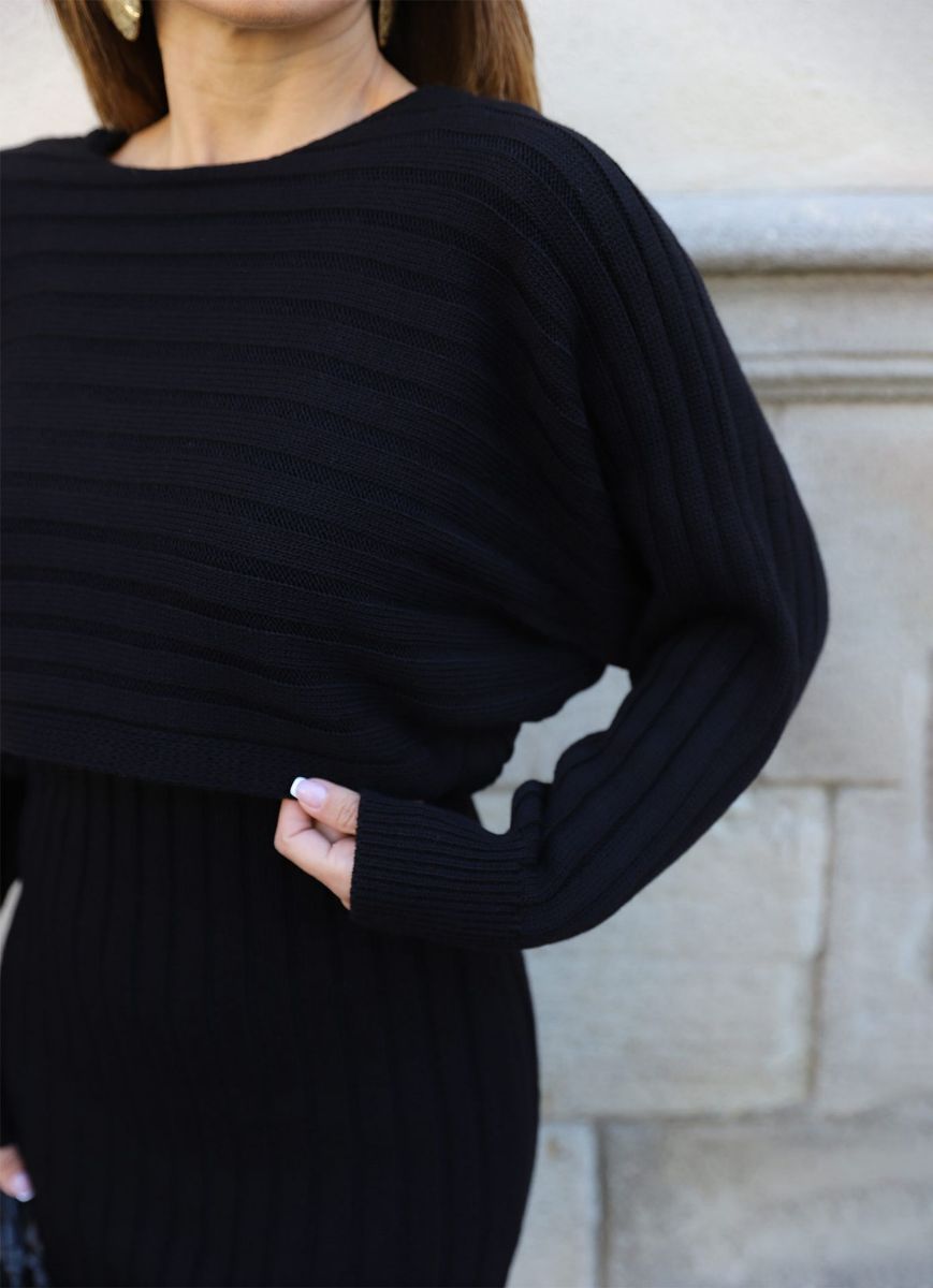 Siyah Fitilli Elbise Triko Kazak Takım   resmi