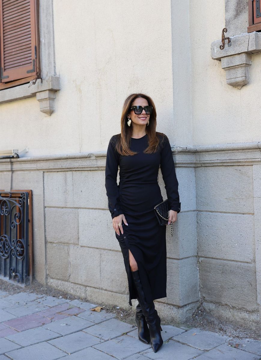 Siyah Drape Detay Süs Çıtçıtlı Elbise   resmi