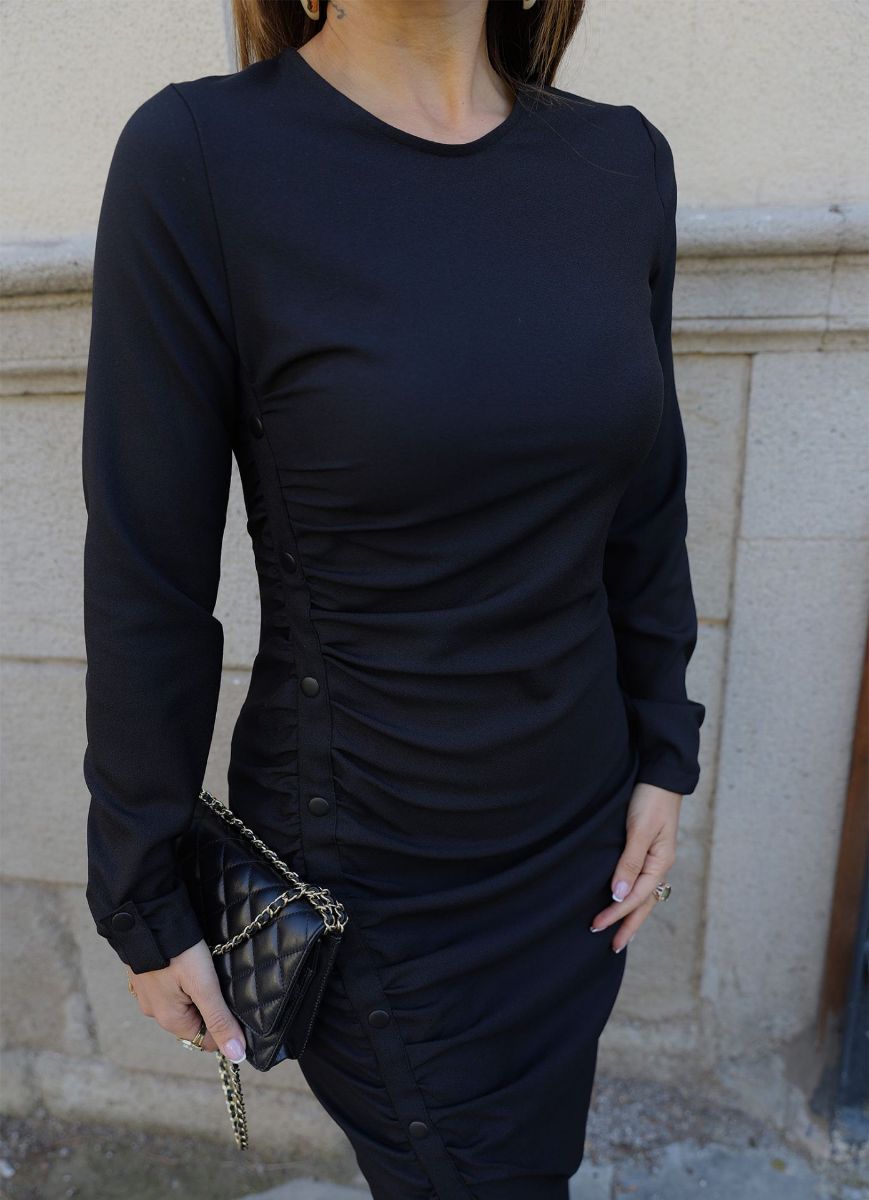 Siyah Drape Detay Süs Çıtçıtlı Elbise   resmi