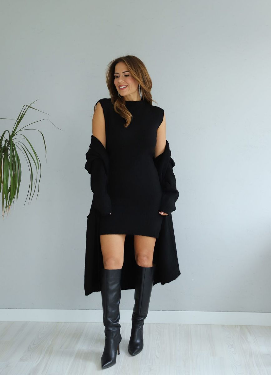 Siyah Triko Elbise Cepli Uzun Hırka Takım   resmi