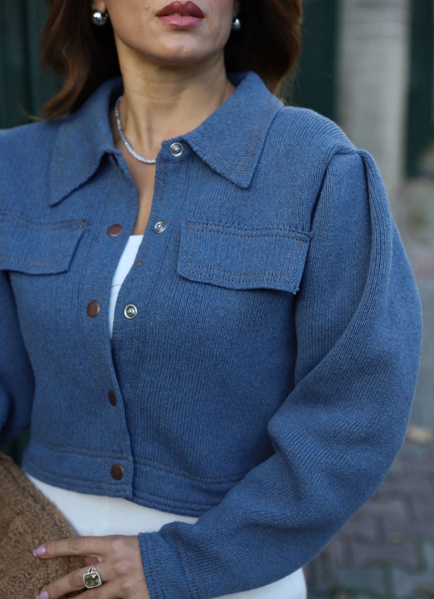 Mavi Karpuz Kol Dikiş Detay Triko Ceket   resmi