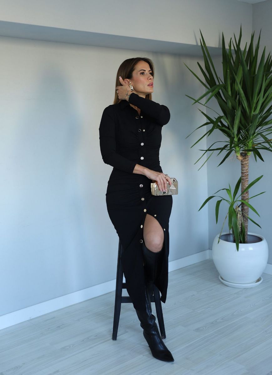 Siyah Drape Detay Çıtçıt Düğmeli Elbise   resmi