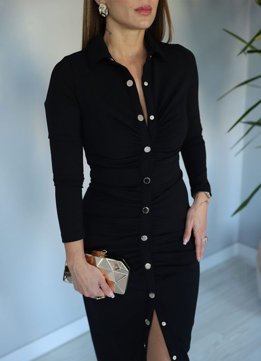 Siyah Drape Detay Çıtçıt Düğmeli Elbise   resmi