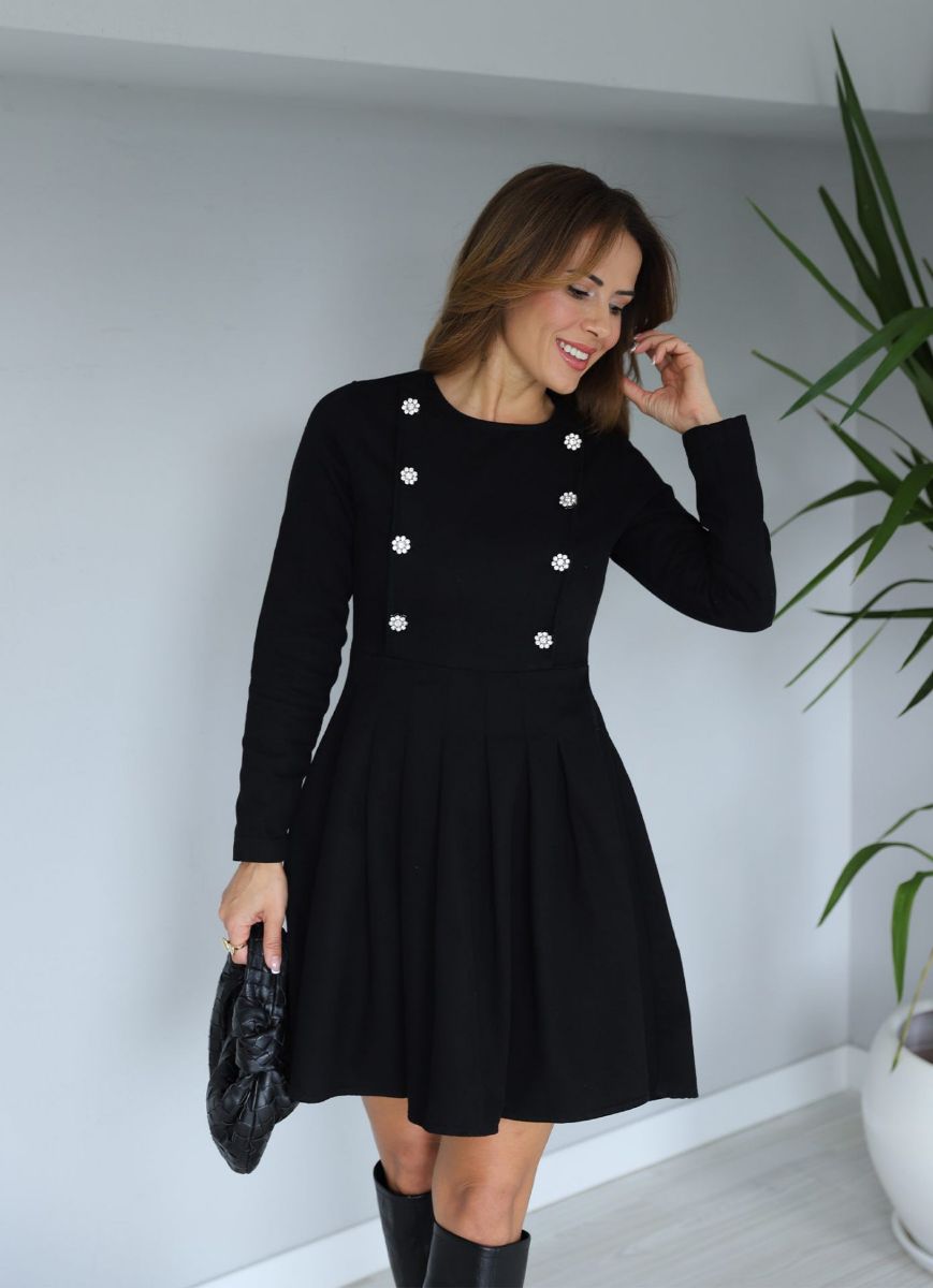 Siyah Taş Düğme Detay Jean Elbise   resmi