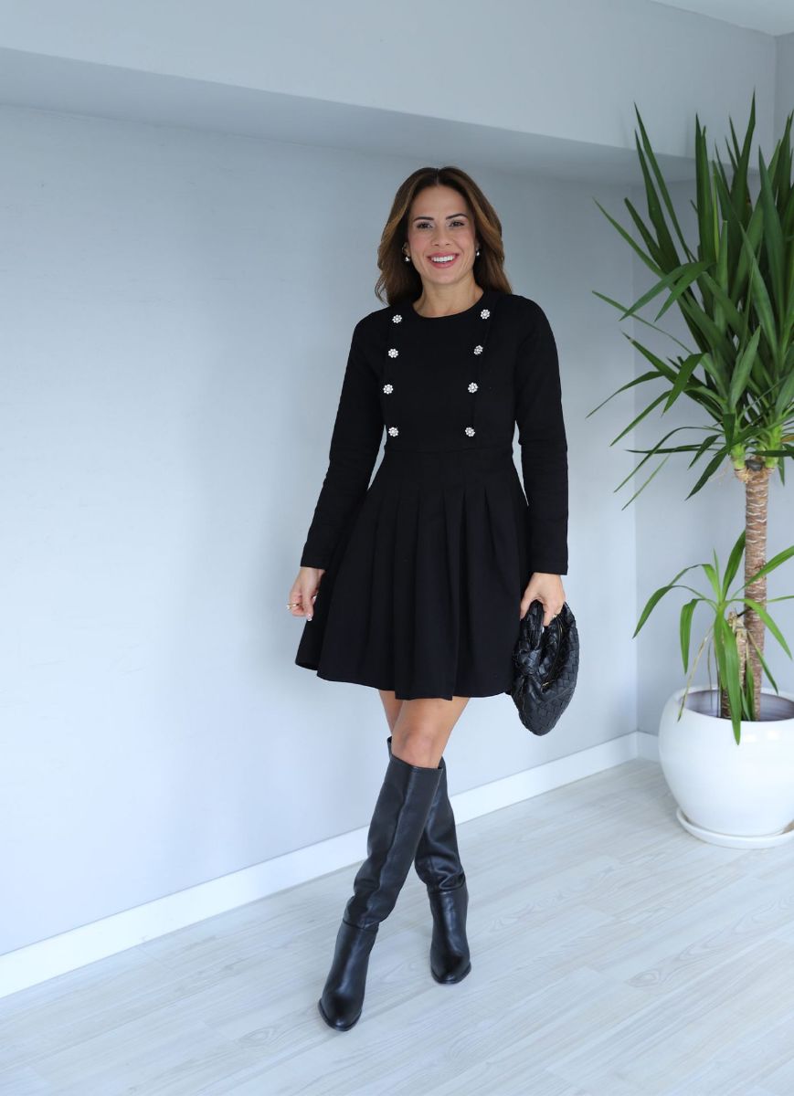 Siyah Taş Düğme Detay Jean Elbise   resmi
