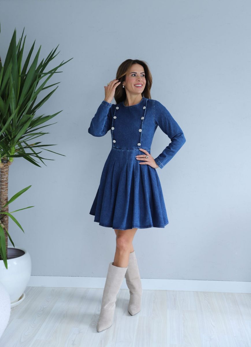 Mavi Taş Düğme Detay Jean Elbise   resmi