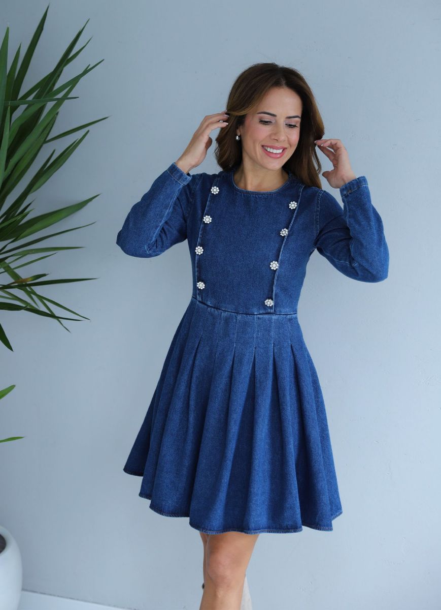 Mavi Taş Düğme Detay Jean Elbise   resmi