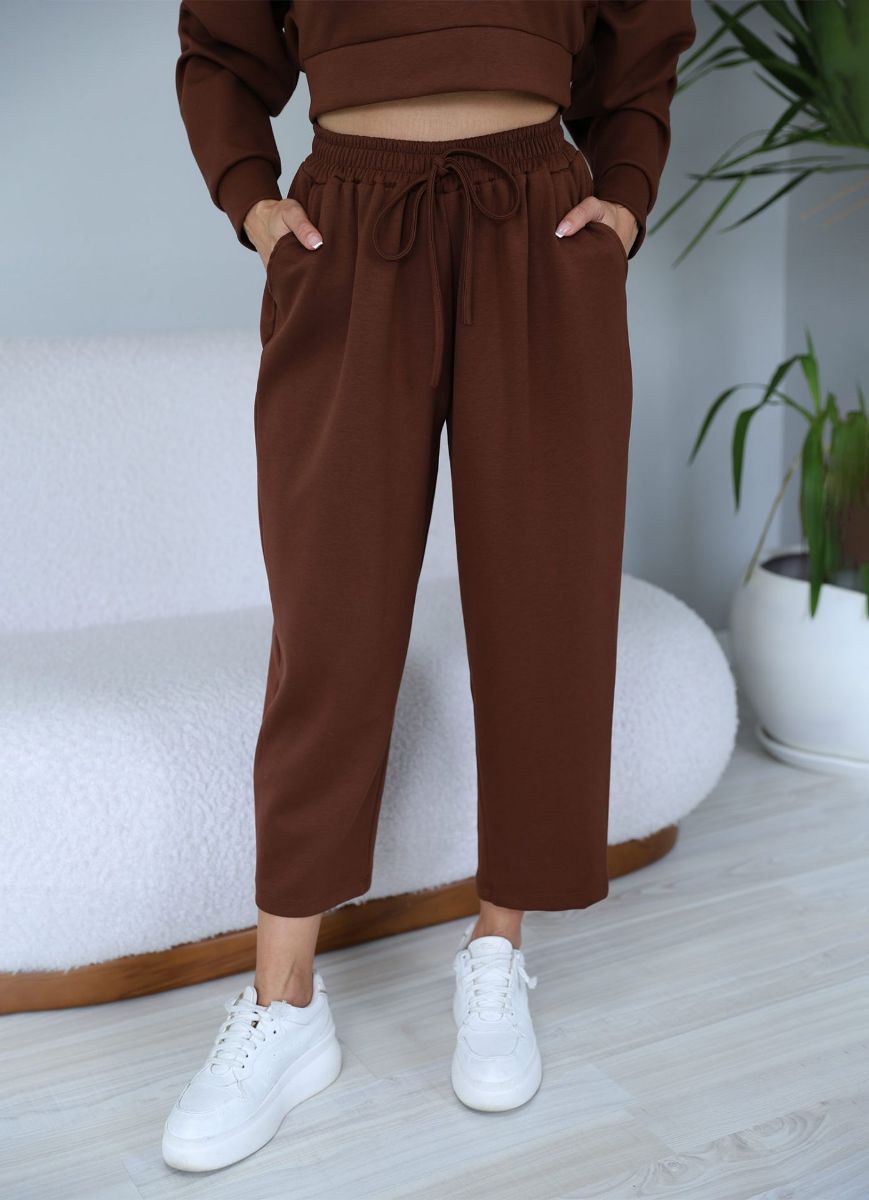 Kahverengi V Yaka Kapüşonlu Sweat Pantolon Takım   resmi
