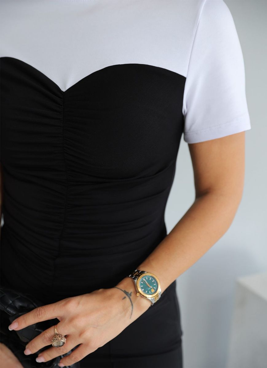 Siyah Beyaz Drape Detay Tasarım Bluz   resmi