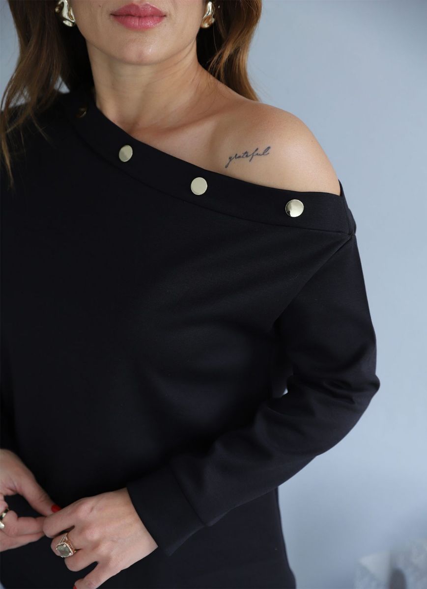 Siyah Yaka Düğme Detay Düşük Omuz Sweat Bluz   resmi