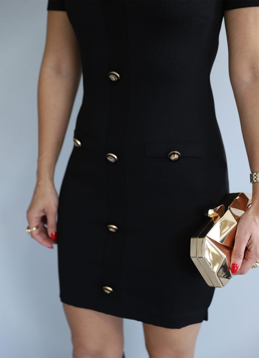 Siyah Gold Düğme Detay Kısa Kol Triko Elbise   resmi