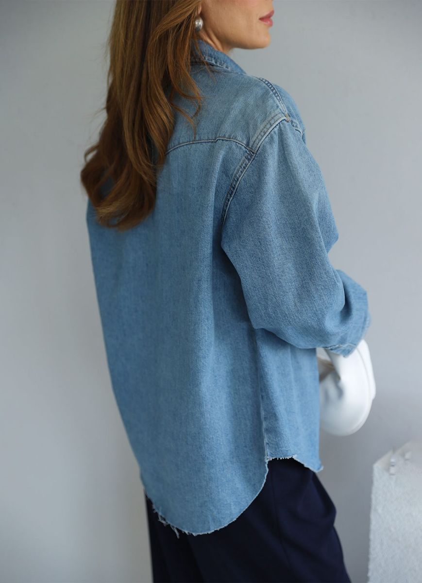 Mavi Yıkamalı Lazer Kesim Jean Gömlek   resmi