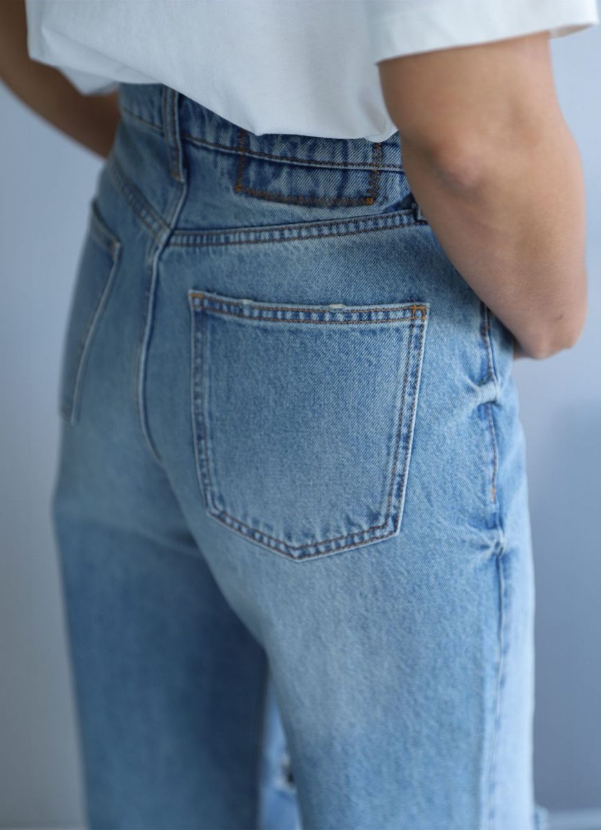 Mavi Yıkamalı Yırtık Detay Bol Paça Jean Pantolon   resmi