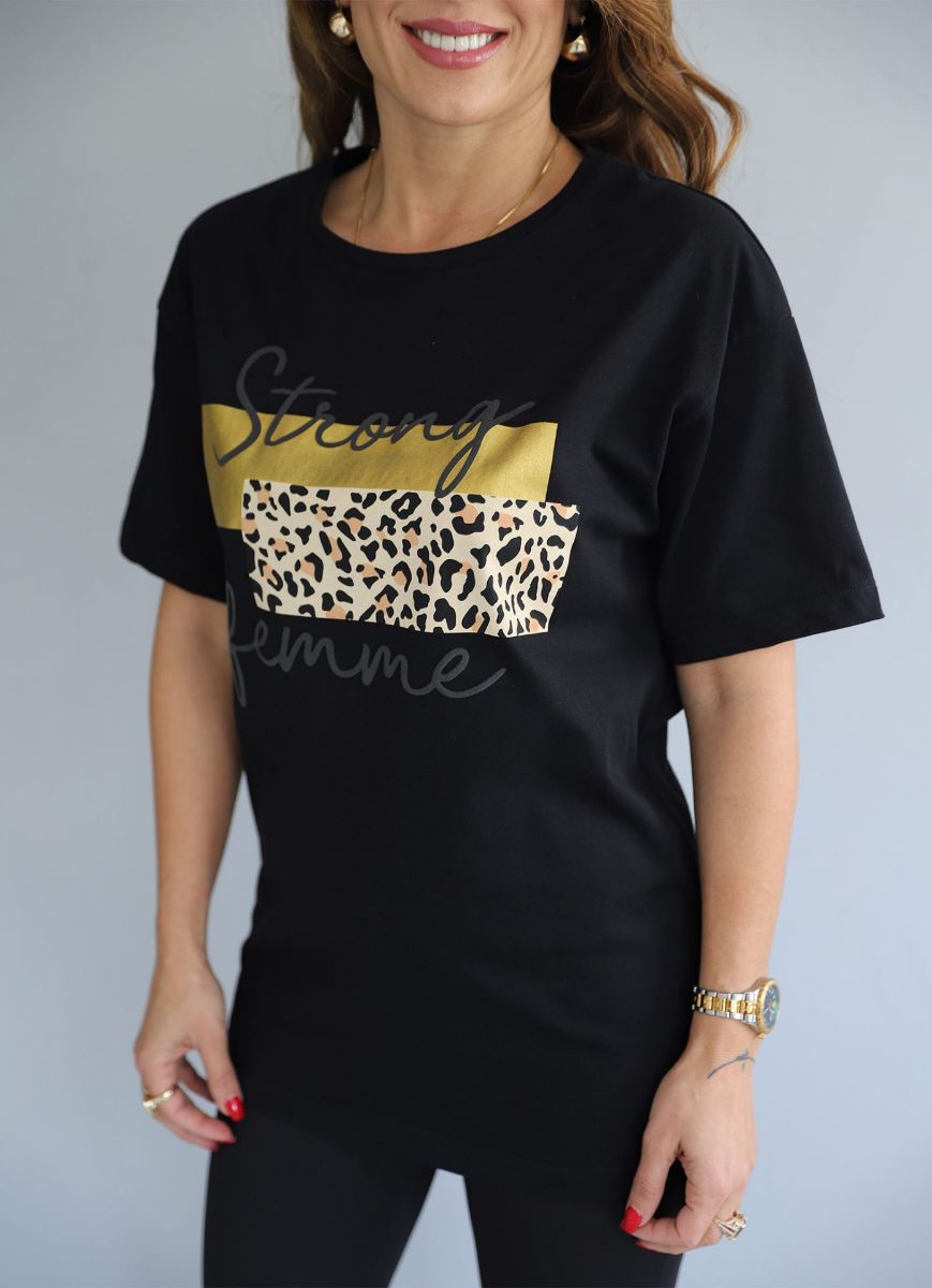 Siyah Leopar Desen Yazılı Tshirt   resmi