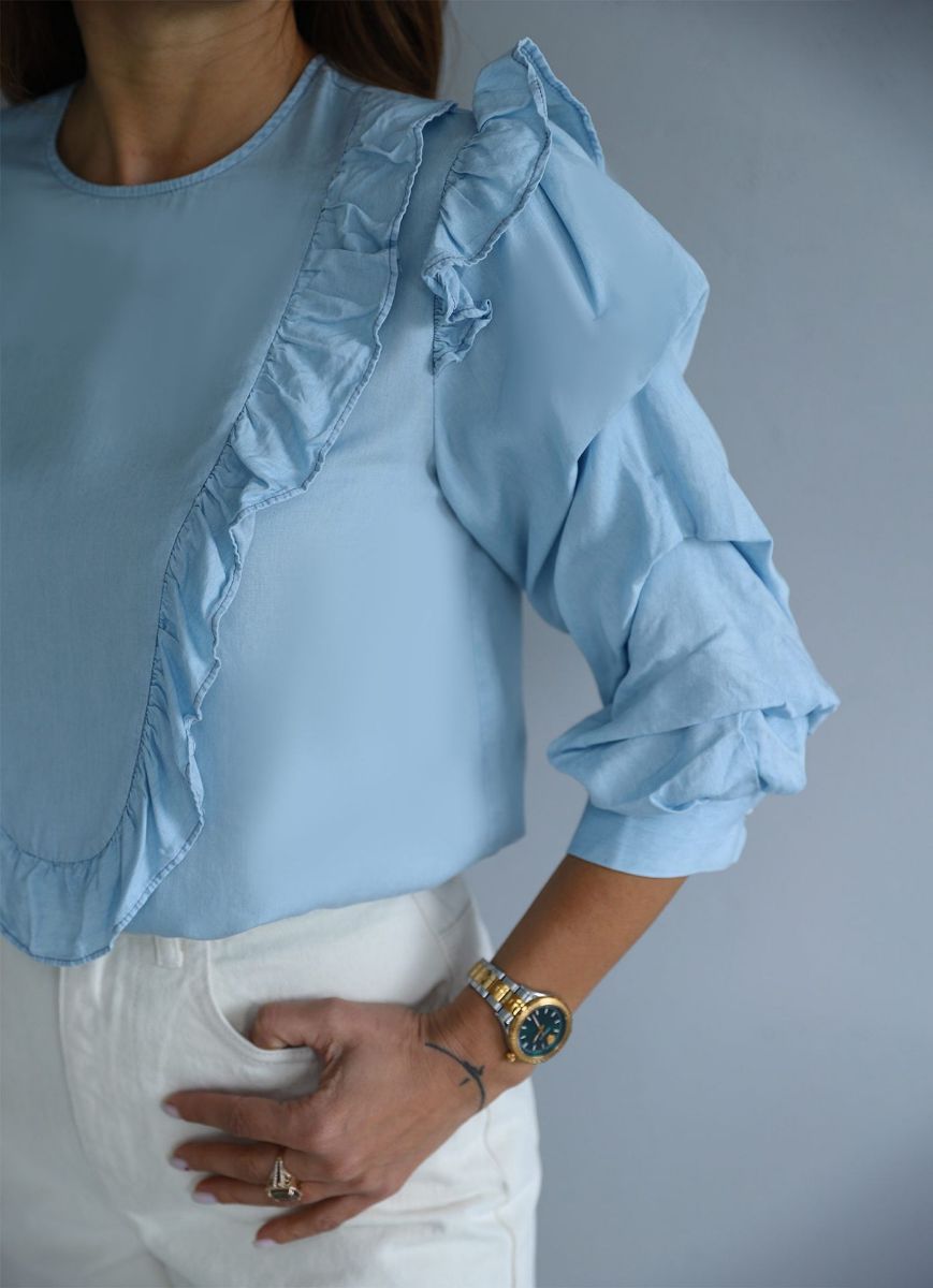 Mavi Kolu Katlı Fırfır Detay Bluz   resmi