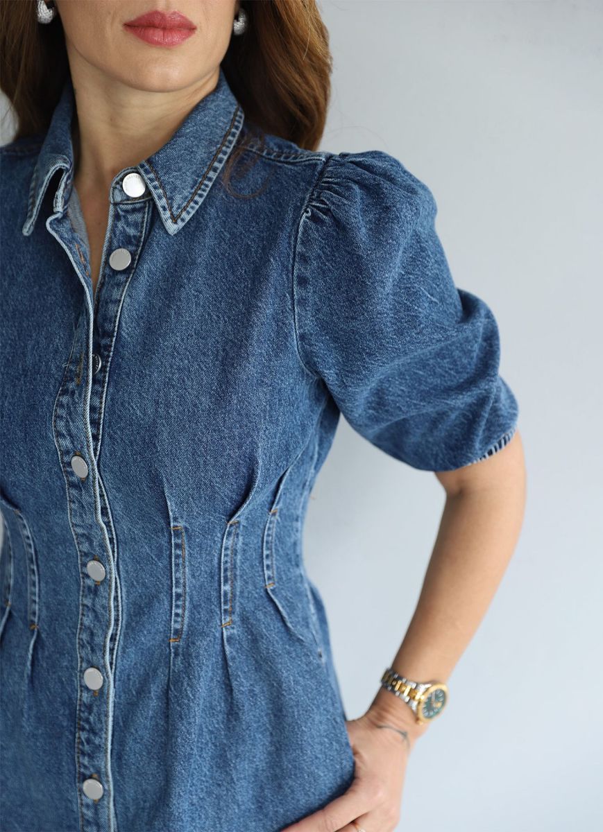 Koyu Mavi Bel Detay Jean Elbise   resmi