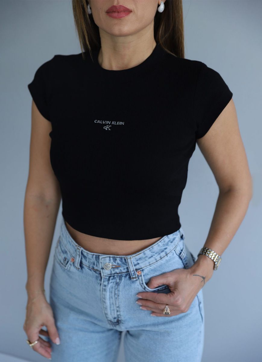 Siyah Minik Taşlı Yazı Detay Fitilli Crop Tshirt   resmi