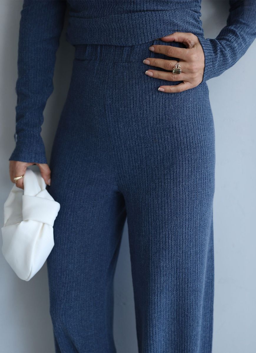 Indigo Düşük Omuz Drape Detay Bluz Pantolon Takım   resmi