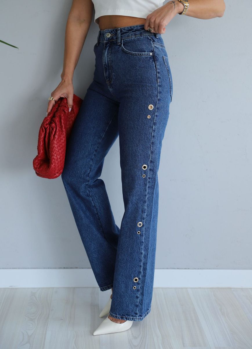 Lacivert Yanları Metal Halka Detay Jean Pantolon   resmi