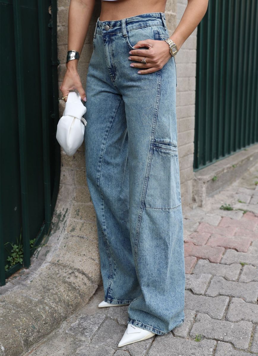 Mavi Eskitmeli Dikiş Detay Kargo Cep Jean Pantolon   resmi