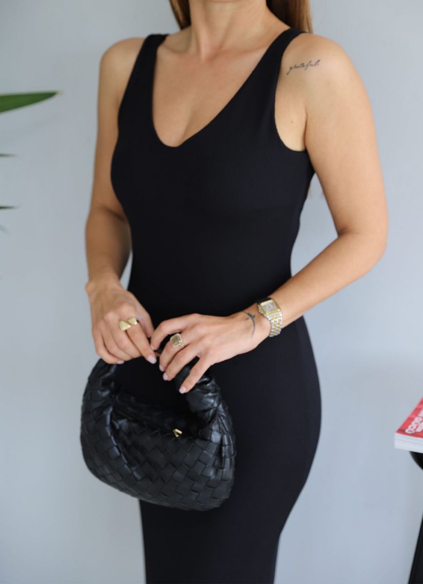 Siyah Ön Arka V Yaka Basıc Elbise   resmi