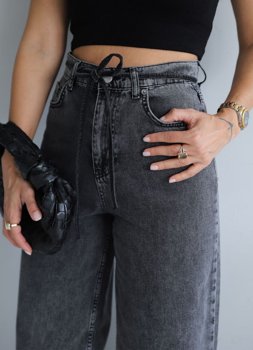 Antrasit Yıkamalı Bel Bağcık Detay Jean Pantolon   resmi