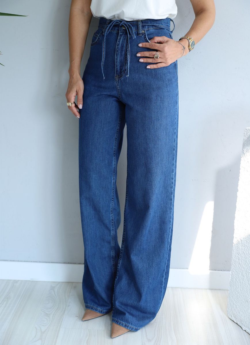 Lacivert Yıkamalı Bel Bağcık Detay Jean Pantolon   resmi