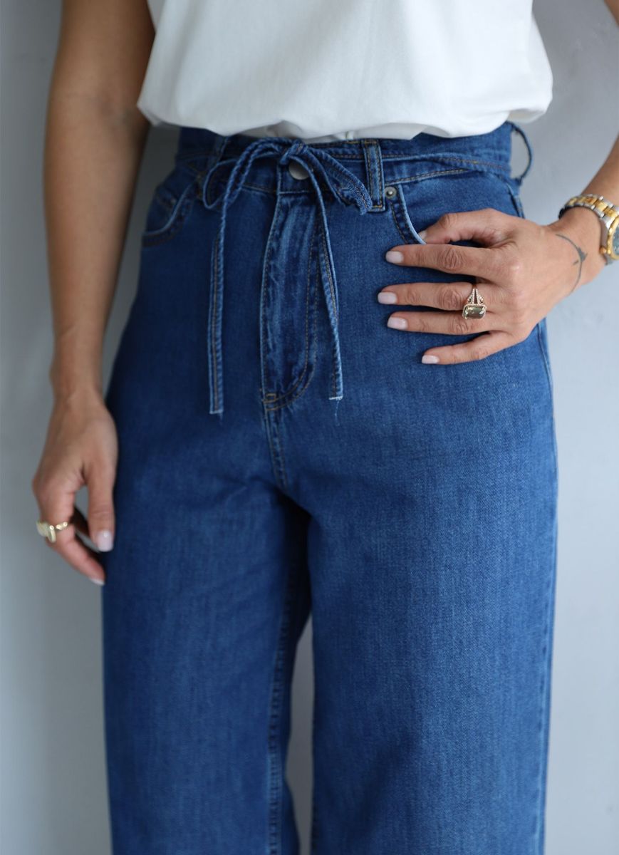 Lacivert Yıkamalı Bel Bağcık Detay Jean Pantolon   resmi