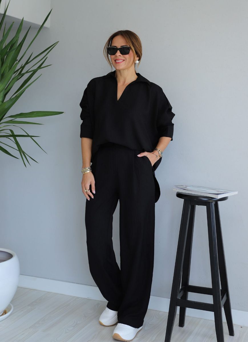 Siyah Gömlek Yaka Oversize Bluz Pantolon Takım   resmi