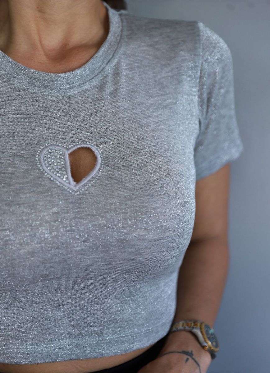 Gri Taşlı Kalp Detay  Simli Body   resmi