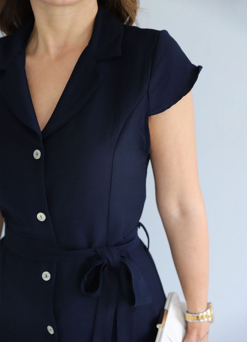 Koyu Lacivert Düğme Detay Kuşaklı Gömlek Elbise   resmi