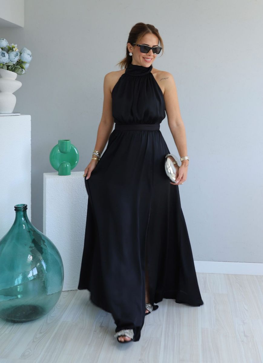 Siyah Yırtmaç Detay Saten Elbise   resmi