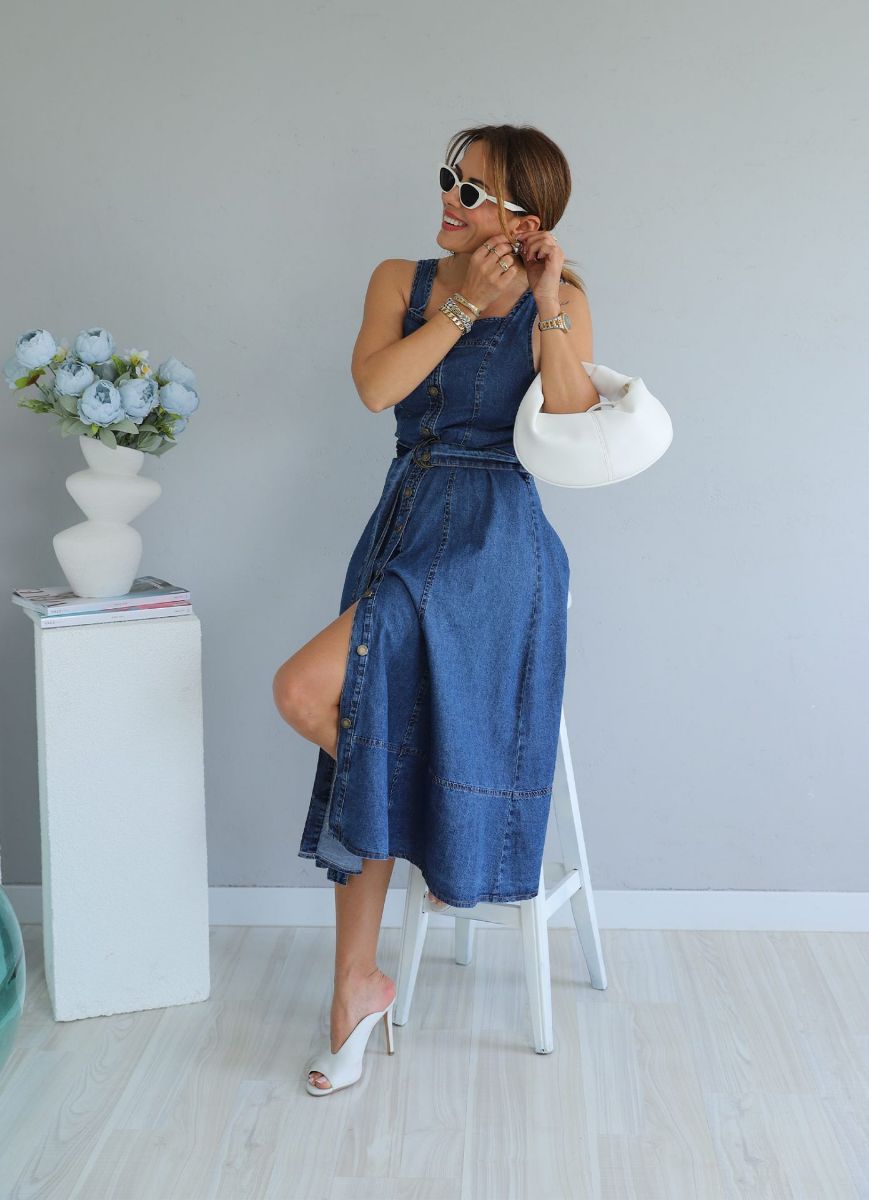 Mavi Yaka Detay Kuşaklı Jean Elbise   resmi