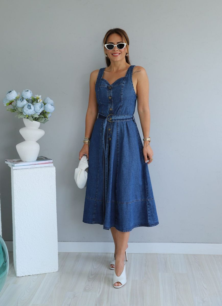Mavi Yaka Detay Kuşaklı Jean Elbise   resmi