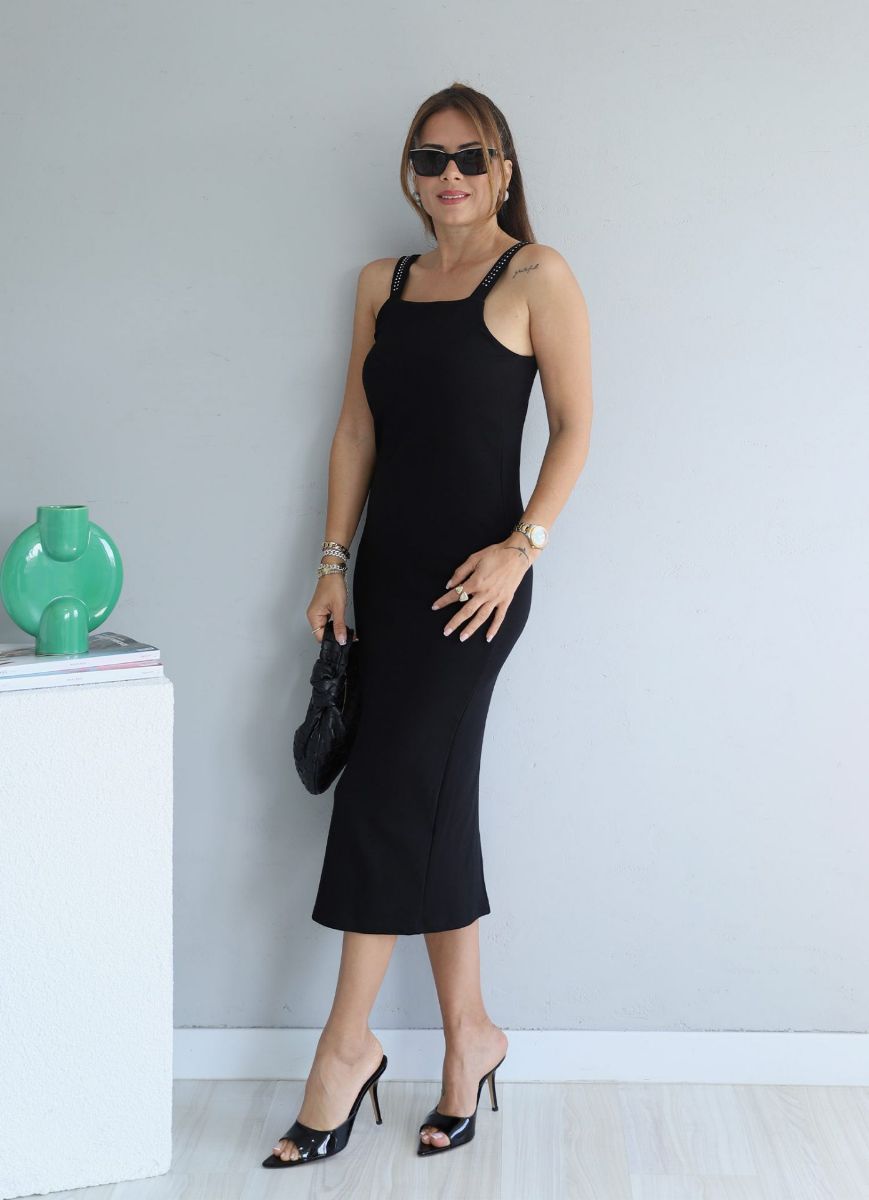 Siyah Taşlı Askı Detay Arka Yırtmaçlı Kalem Elbise   resmi