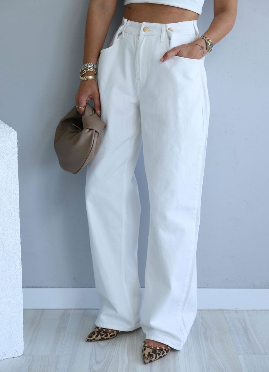 Beyaz Bel Detay Bol Jean Pantolon   resmi