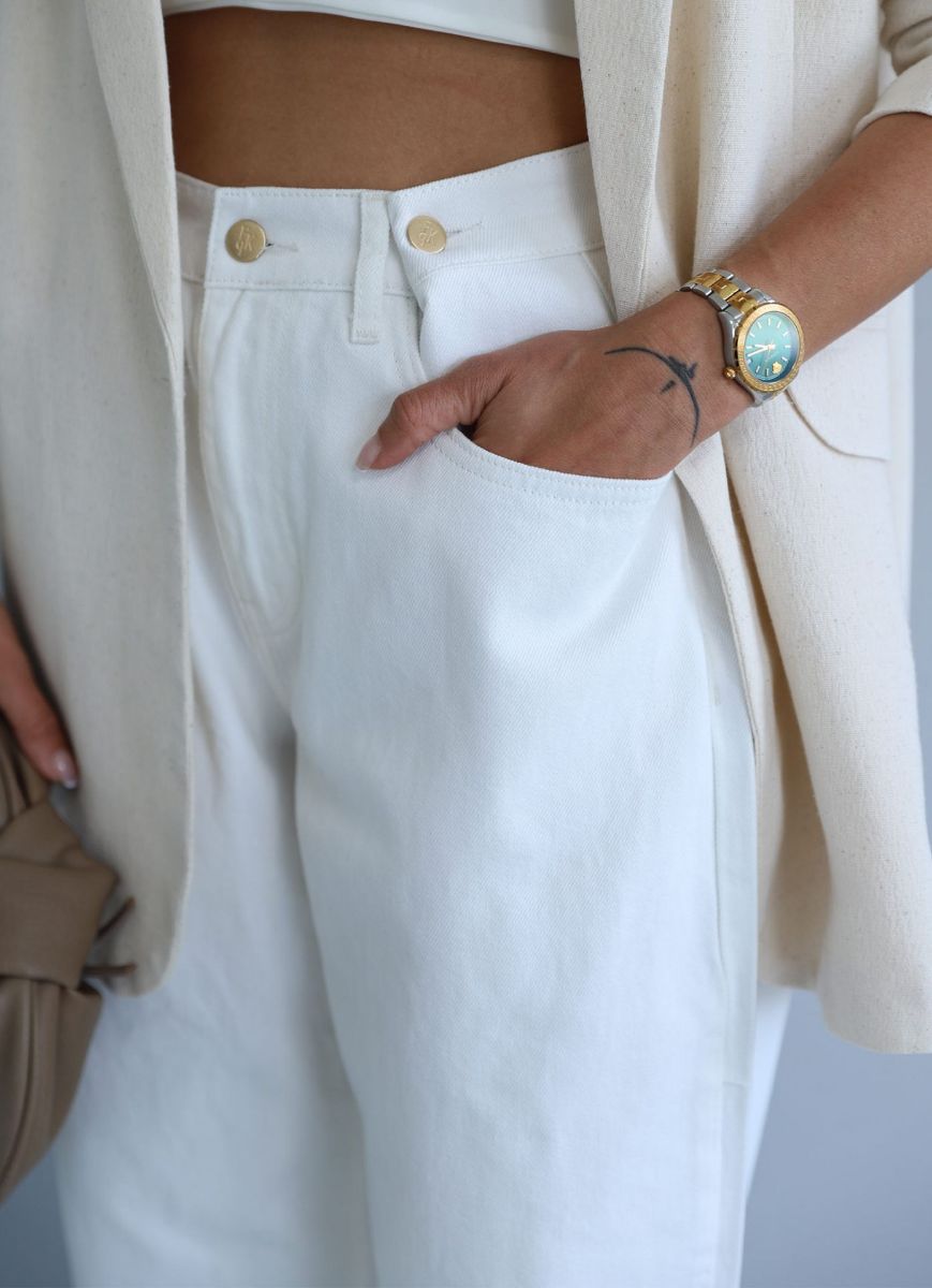 Beyaz Bel Detay Bol Jean Pantolon   resmi