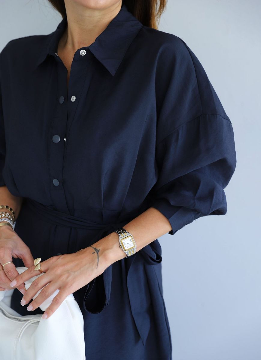 Koyu Lacivert Çıtçıt Düğme Detay Gömlek Elbise   resmi