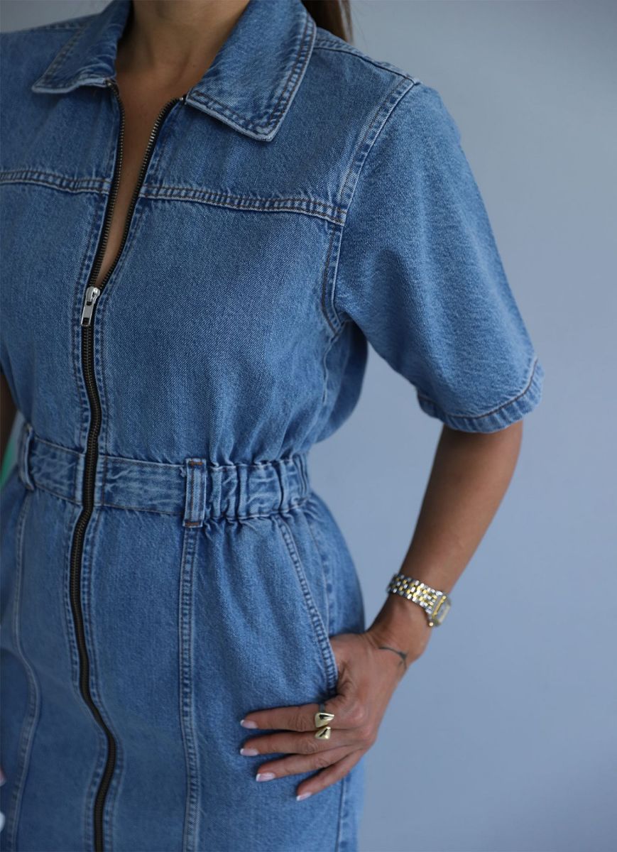 Mavi Fermuar Detay Beli Lastikli Jean Elbise   resmi