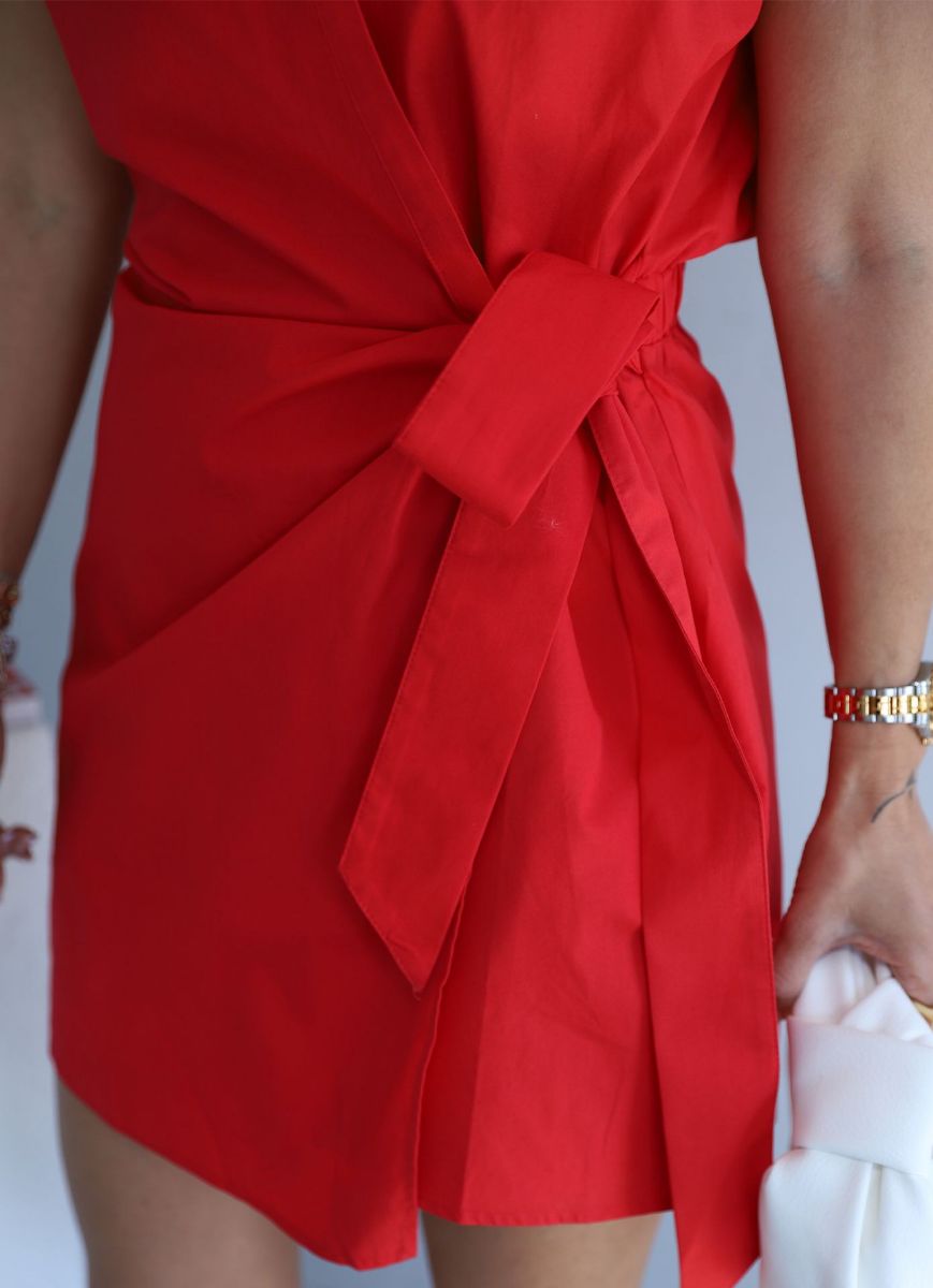 Kırmızı Bağlama Detay Şortlu Tulum Elbise   resmi