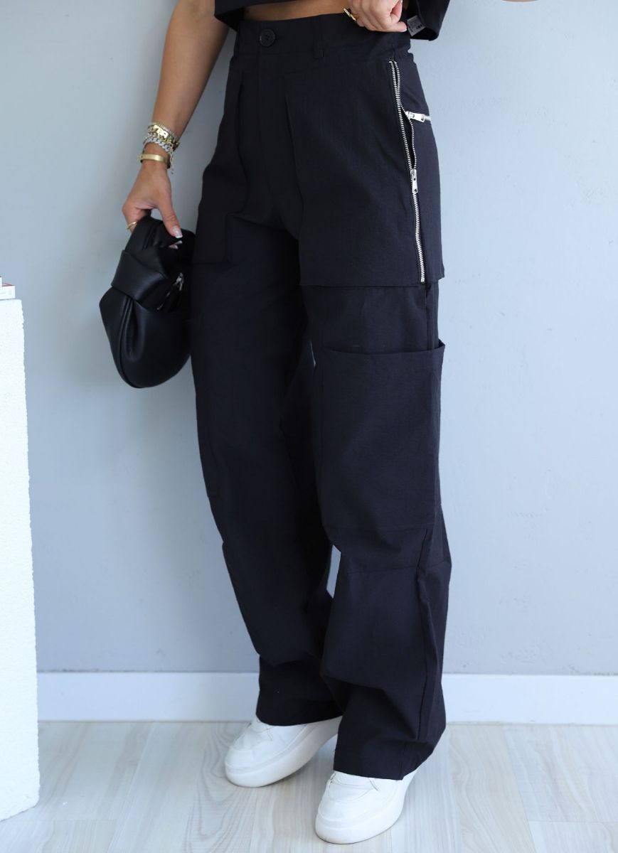 Siyah Fermuarlı Cep Detay Tasarım Paraşüt Pantolon   resmi