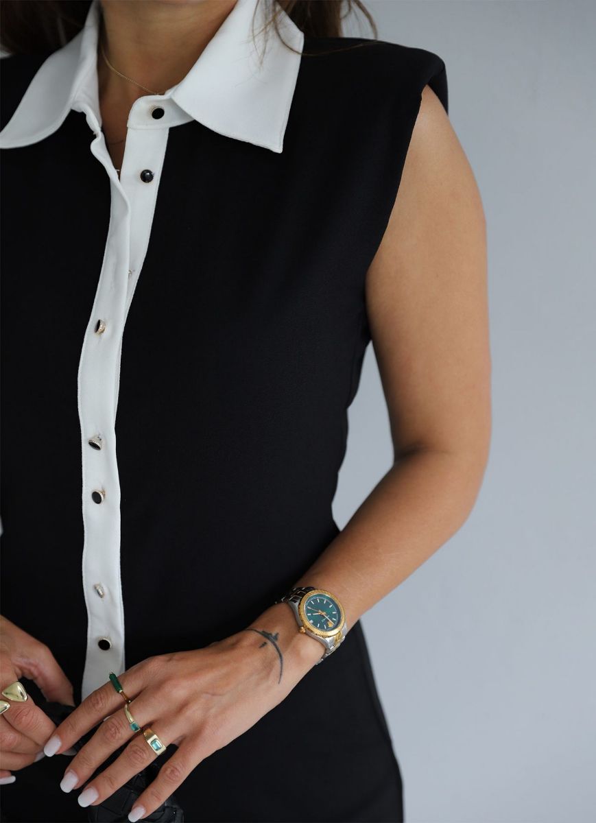 Siyah Vatkalı Kolsuz Şerit Detay Gömlek Elbise   resmi