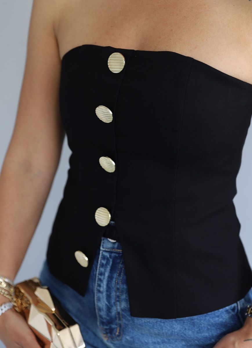 Siyah Gold Düğme Detay Straplez Bluz   resmi